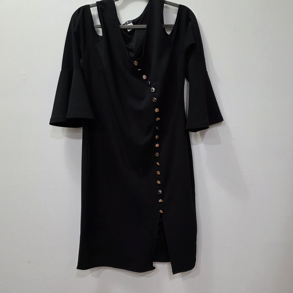 VENUS Black Long Sleeve Dress with Button Detail